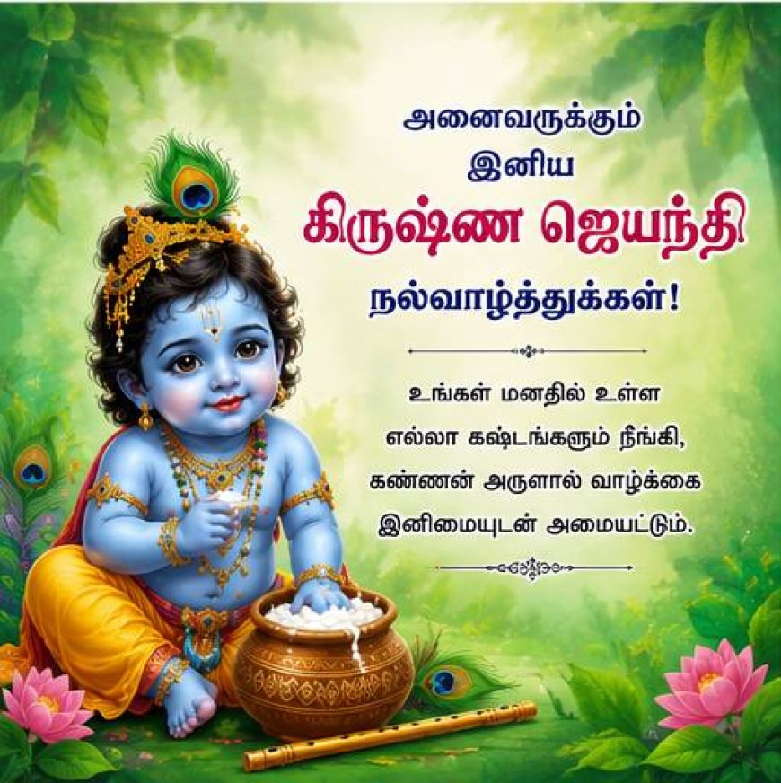 இனிய கிருஷ்ண ஜெயந்தி நல்வாழ்த்துக்கள்! (Happy Krishna Jayanthi Wishes) கிருஷ்ண பரமாத்மாவின் அவதாரத் திருநாளான கிருஷ்ண ஜெயந்தி / கோகுலாஷ்டமி விழாவை முன்னிட்டு, உங்கள் குடும்பத்தினர் மற்றும் நண்பர்களுடன் பகிர்ந்து மகிழ அழகிய வாழ்த்துச் செய்திகள் மற்றும் புகைப்படங்களை இங்கே தொகுத்துள்ளோம் மற்றும்  English Wishes for WhatsApp & Social Media (கிருஷ்ண ஜெயந்தி ஆங்கில வாழ்த்துக்கள்):